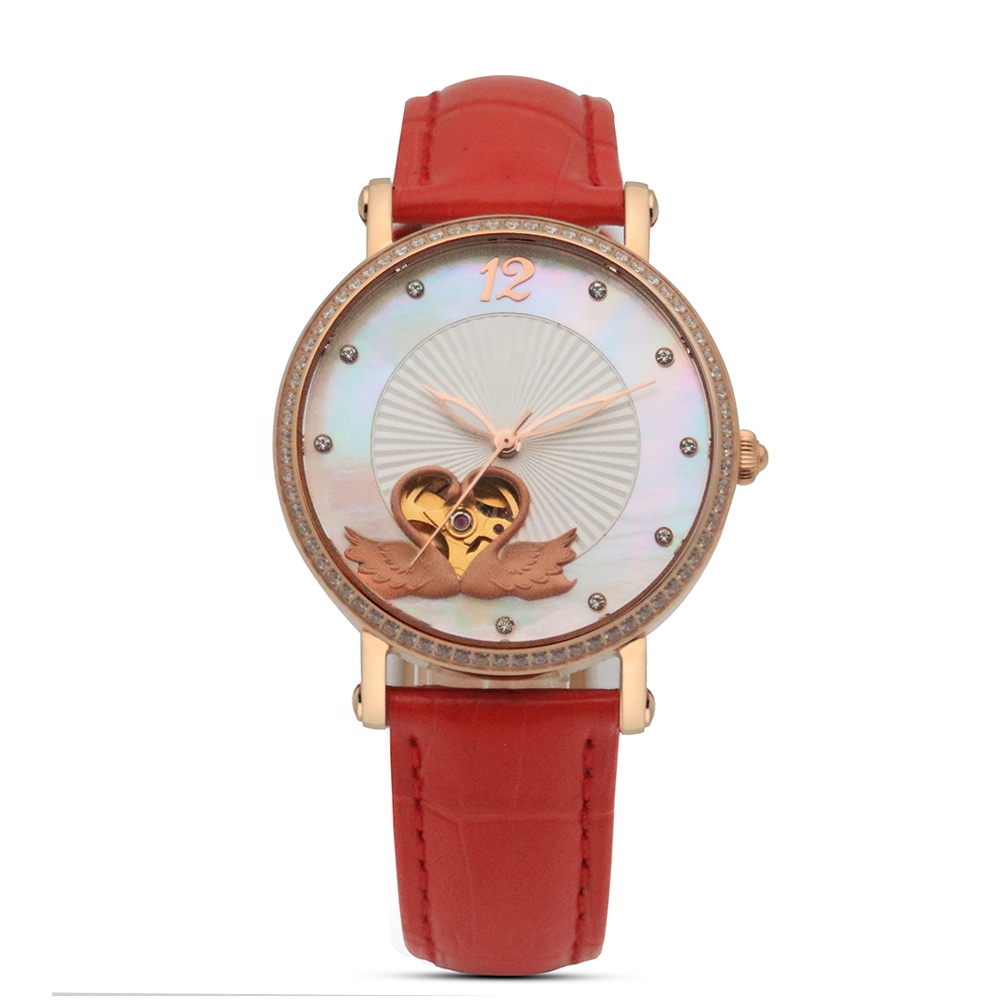 Unbrand Red Leather Strap Women Luxury Automatic Mechanical Sports Watch Female Fashion Watch Casual