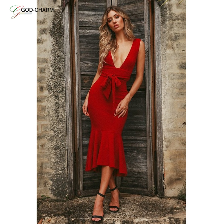 *GC-86962806  2022 new Wholesale African clothing Women Sexy Deep V Neck Dress Strap Belt Fishtail Trumpet Midi Bandage Dresses