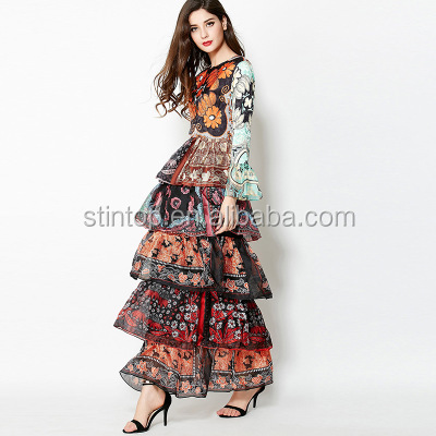 H001 New fashion Beautiful Women silk dress Layered Horn Sleeve Print Slim Catwalk Dress