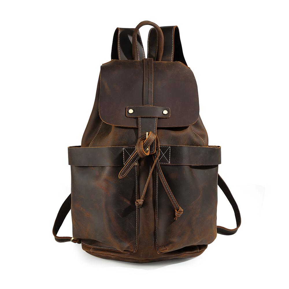 TIDING Custom Logo Men Brown Travel Vintage back pack Genuine Leather Drawstring Backpack