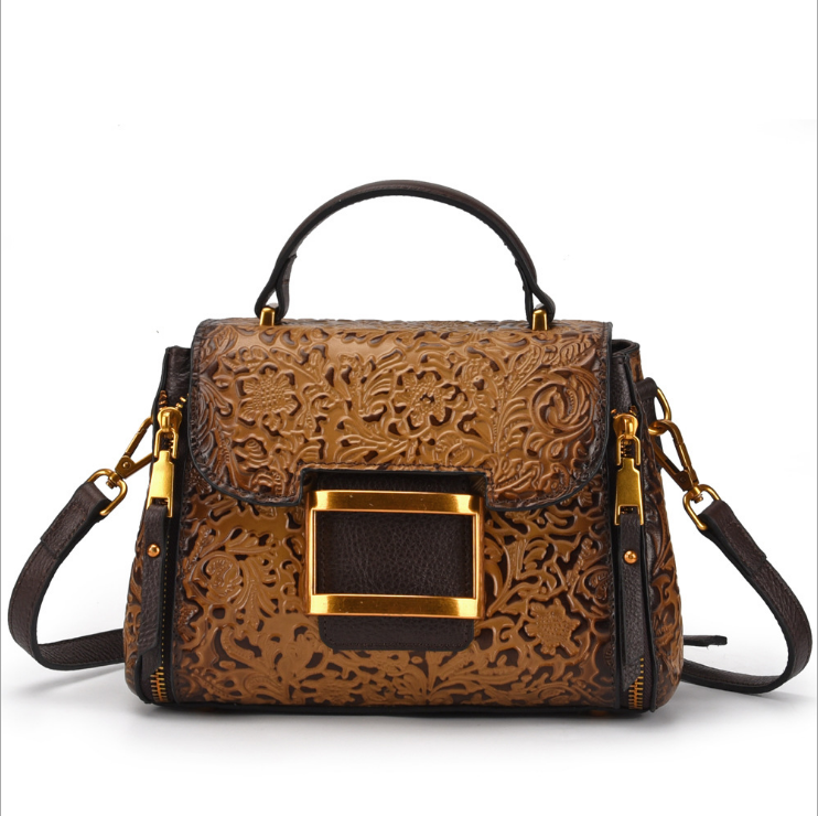 Tree cream leather ladies hand-brushed shoulder diagonal handbag embossed fashion leather handbag