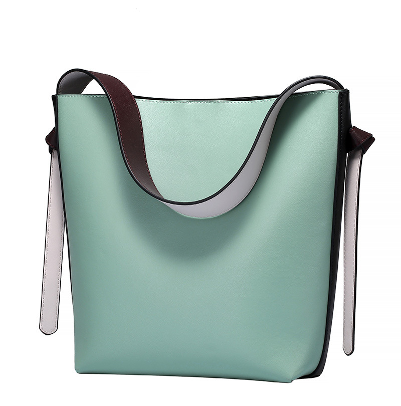 Large-capacity Leather Handbags Hit Color Bucket Casual Fashion Leather Shopping Bags Shoulder Female Bags