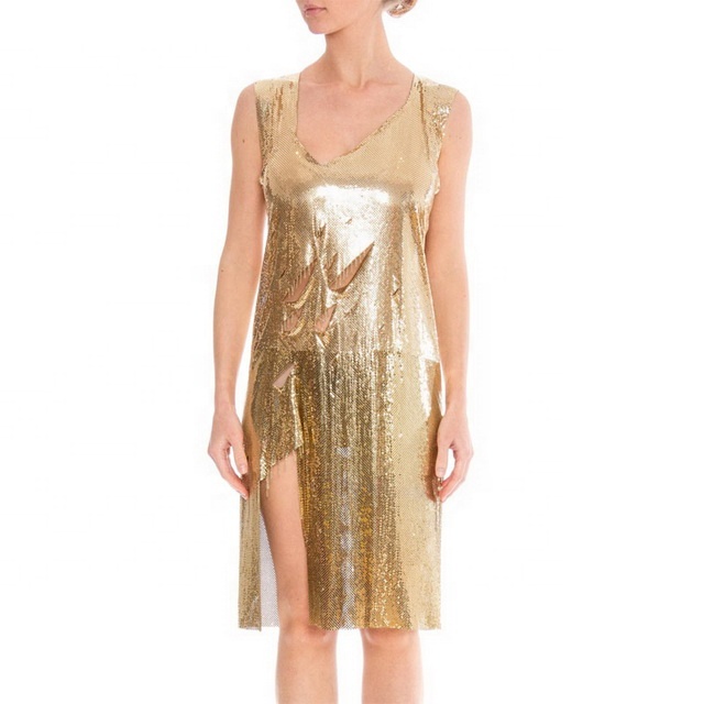 Slit Gold Slashed Metal Club Dress Elegant Women Wedding Party Dress Metal Sequin Dress