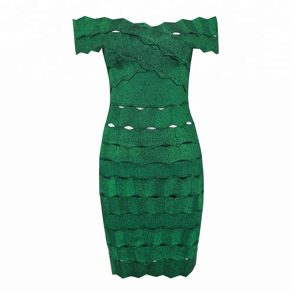 Off Shoulder Green Shining Bandage Dress 2018 New Style Jacquard Thick Bandage Bodycon Dress