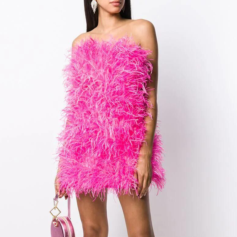 2021 Newest popular design women pink mini cocktail Ostrich Feather Dress