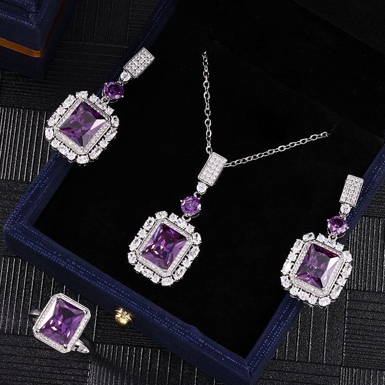 Sweater chain high-end luxury elegant Princess rectangular necklace purple zirconium silver stud earrings open ring