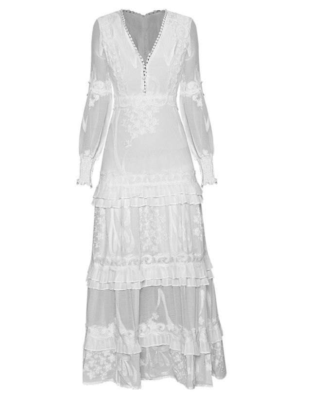 XXL Long Dress 2021 Autumn Party Evening Women V-Neck Luxurious Embroidery Long Sleeve White Black Maxi Gown Dress Festival