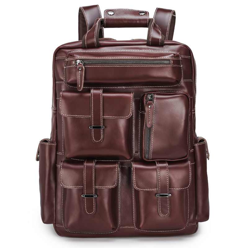 Unisex Oil Wax Leather Multiple Pocket Laptop Rucksack Travel Bag Backpack Genuine Leather Back Pack
