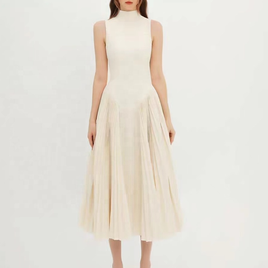 OUDINA Stylish Wholesale Sleeveless Stand-up Collar Pleated Dress Casual Formal Evening Women's Dresses