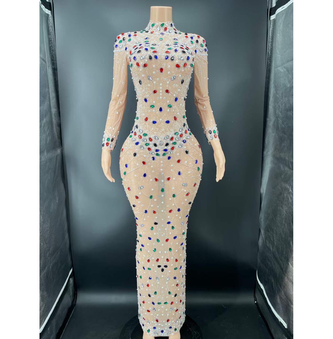 Newest Design Women Luxury Colorful Crystal Beaded Slit Dress Summer Mesh Long Sleeve Turtleneck Bodycon Maxi Dress
