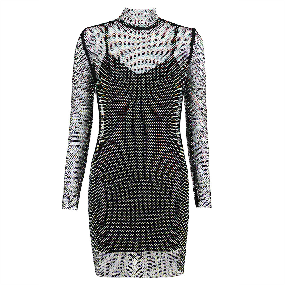 New European and American Women's Sets Long Sleeves Mesh Diamond Round Neck Sexy Dress Mesh Set Rhinestone Dress