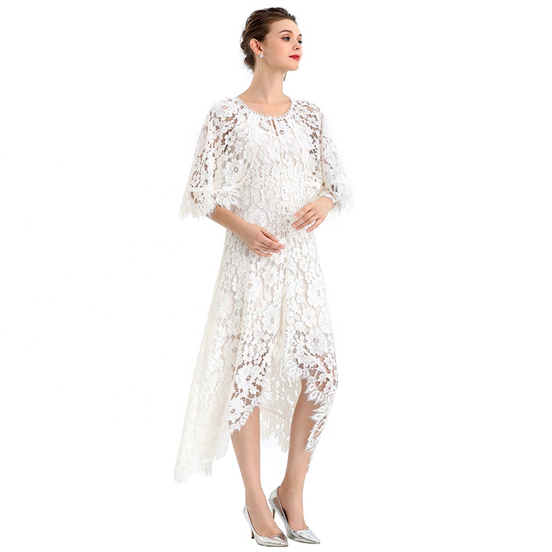 ND078-4 High Quality Elegant Asymmetric Embroidered white Lace long evening dress women