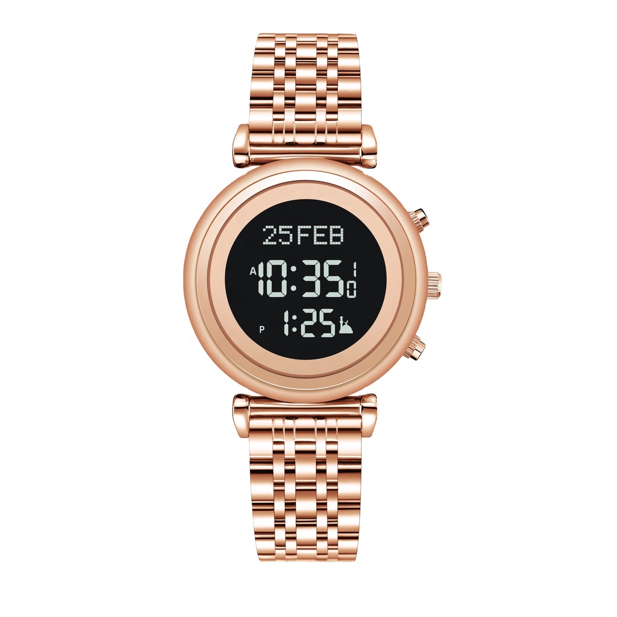 AL-SAHAR Stainless Steel Azan Wrist Watch Qibla Compass, Islamic Ramadan Gift/Prayer Times Worldwide, Time Reminder-AS-T008RGB