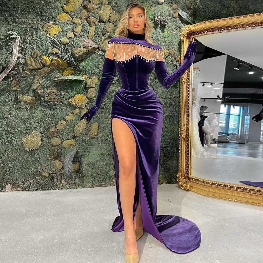 ED2272 Kimshein Robe Women Long Sleeve With Gloves Mesh Tassel Long Dresses Women High Split Velvet Long Gown Dresses Women