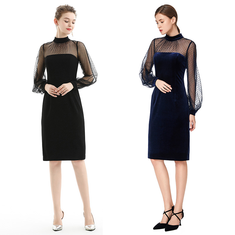 D030 Women Velvet dress knit mock neck long puff sleeves fitted midi party dress