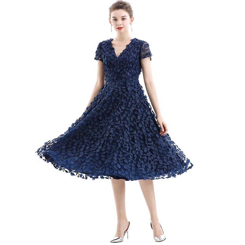 ND063-1Fall Bodycon Embroidered Mesh Lace Midi Long Evening Office Casual Women Dresses