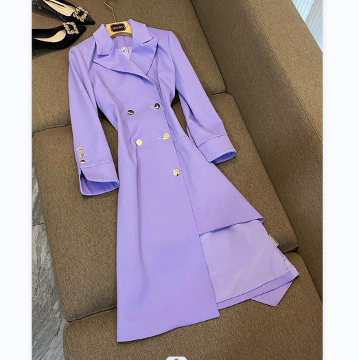 Fall Winter Delicacy Cloth Irregular Hem Bracelet Sleeve Double-breasted High Waisted Women Blazer Dress