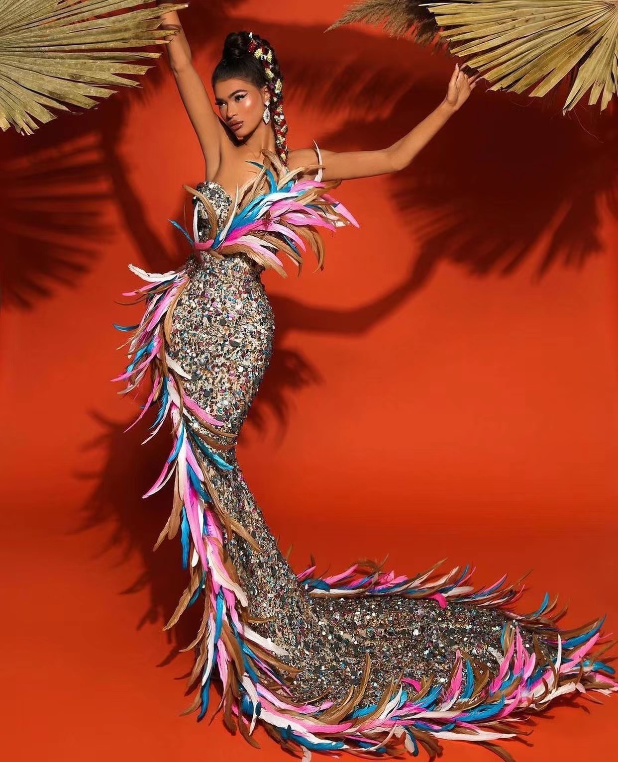 ED2195 Kimshein Women Sparkly Multicolored Feather  Sequin Rhinestone Flower Knotted Waist Long Evening Dress Gowns