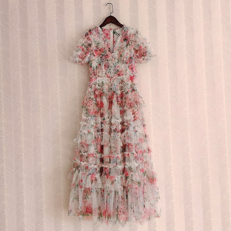 Ball Gown Party Wedding 2022 Spring Summer Long Dress High Quality Women V-Neck Cascading Ruffle Floral Short Sleeve Long Dress