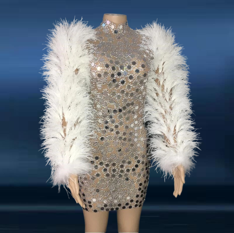 Novance Y2294 New Style Alibaba Evening Dress Sexy Girl Mini Skirt Images Full Sleeve Feather Dress High Collar Zipper For Dress