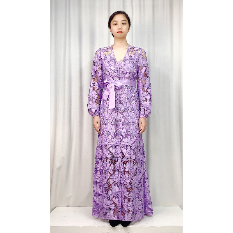 NC165-3 Women Cut out embroidery evening women's dresses waist-tie maxi dress robe casual dresses women