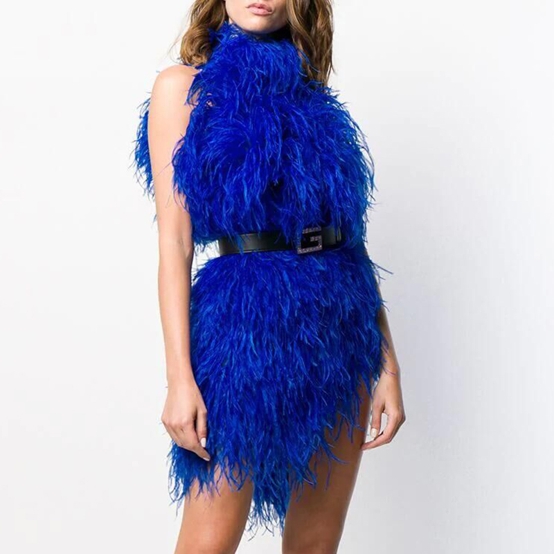 Designer style fashion sleeveless women sexy mini ostrich feather dress