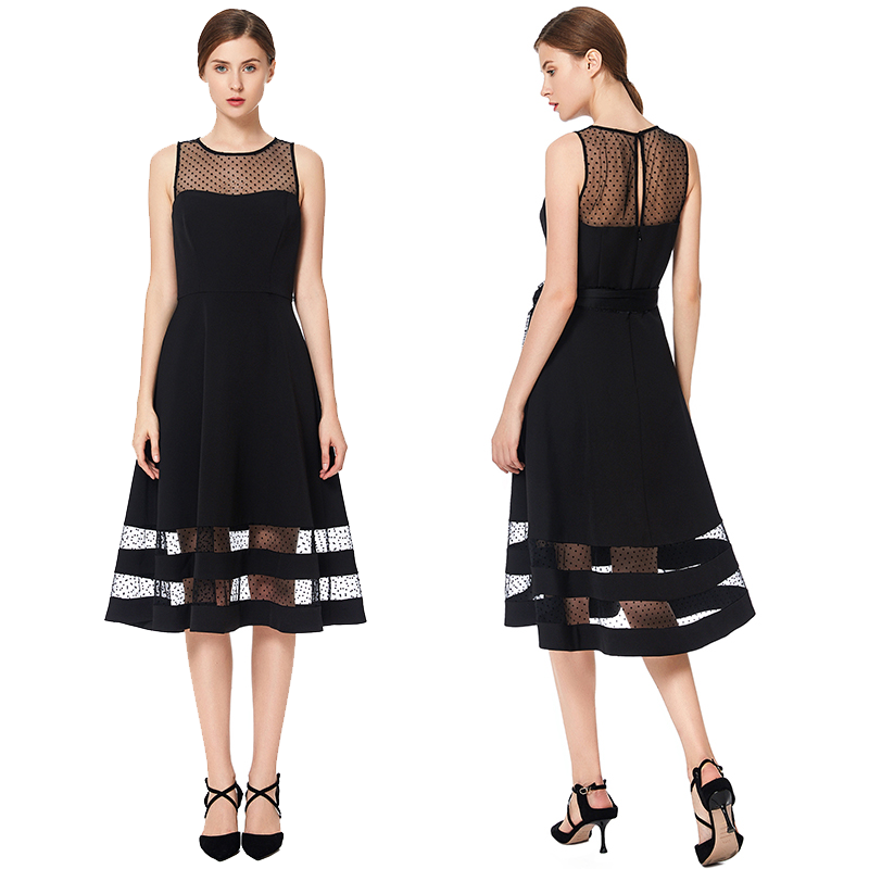 D031 2023 Career work dresses Transparent Tulle Sleeveless black Elegant casual dress for women