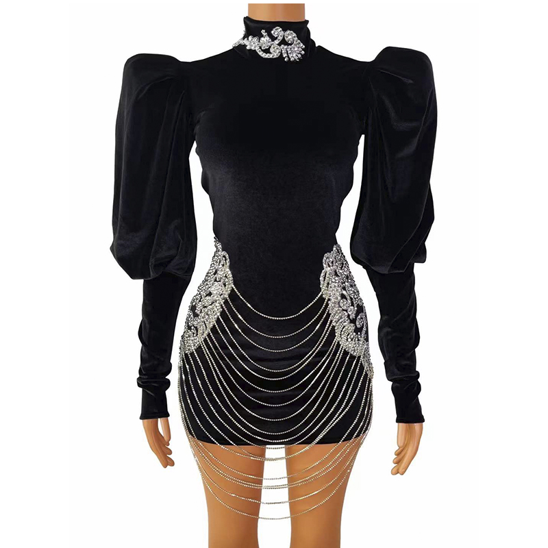 AD1170 Runway Designer Puff Sleeves Dress Bodycon Tassel Fringe Chain Velvet Formal Evening Gowns