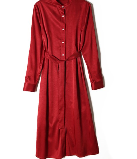 Herringbone wave satin silk blouse dress with button sashes female real silk French collar elegant women shirt dress