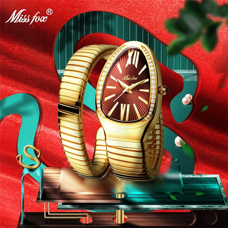 MISS FOX Women's Watches Snake Shape 2686 Wrist Watch For Women Steel Unique Gold Quartz Ladies Watch Clock Relogio Feminino