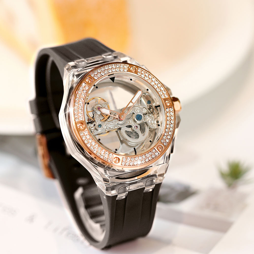 Luxury See Through Hollow-out Minimalist Transparent Crystal Wristwatch Mechanical  Self-winding Waterproof Woman Watch