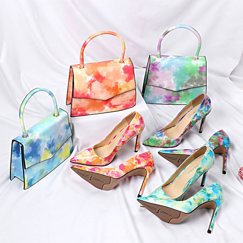 New style rainbow women handbag and high heels 11 cm height high heels and purse to match fashion ladies shoes and bag set