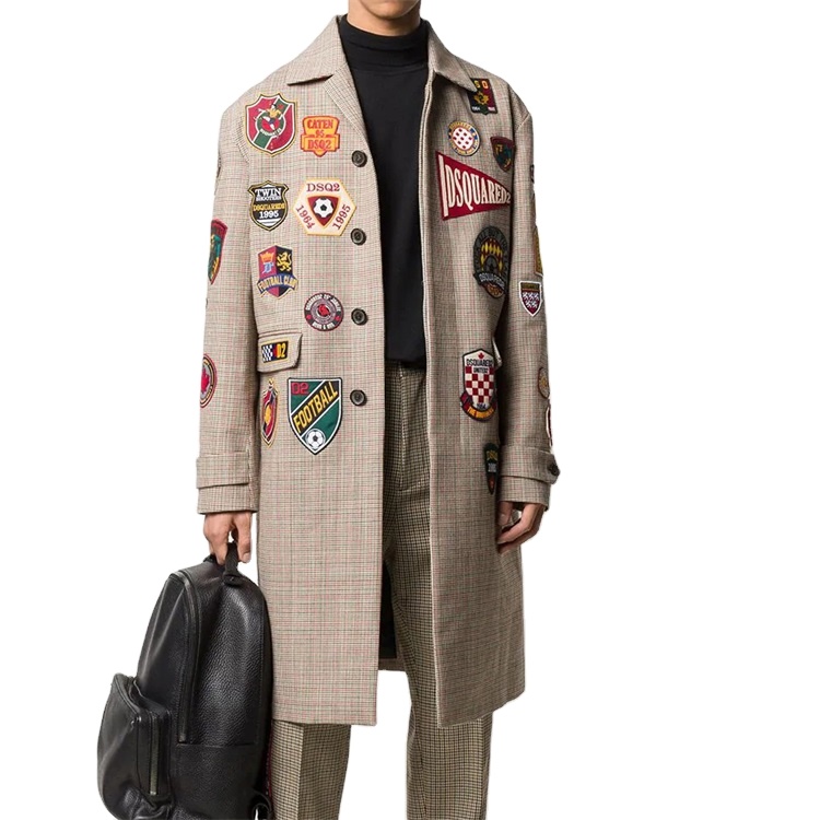 OEM custom mens multi embroidered patches trench coat with adjustable cuffs