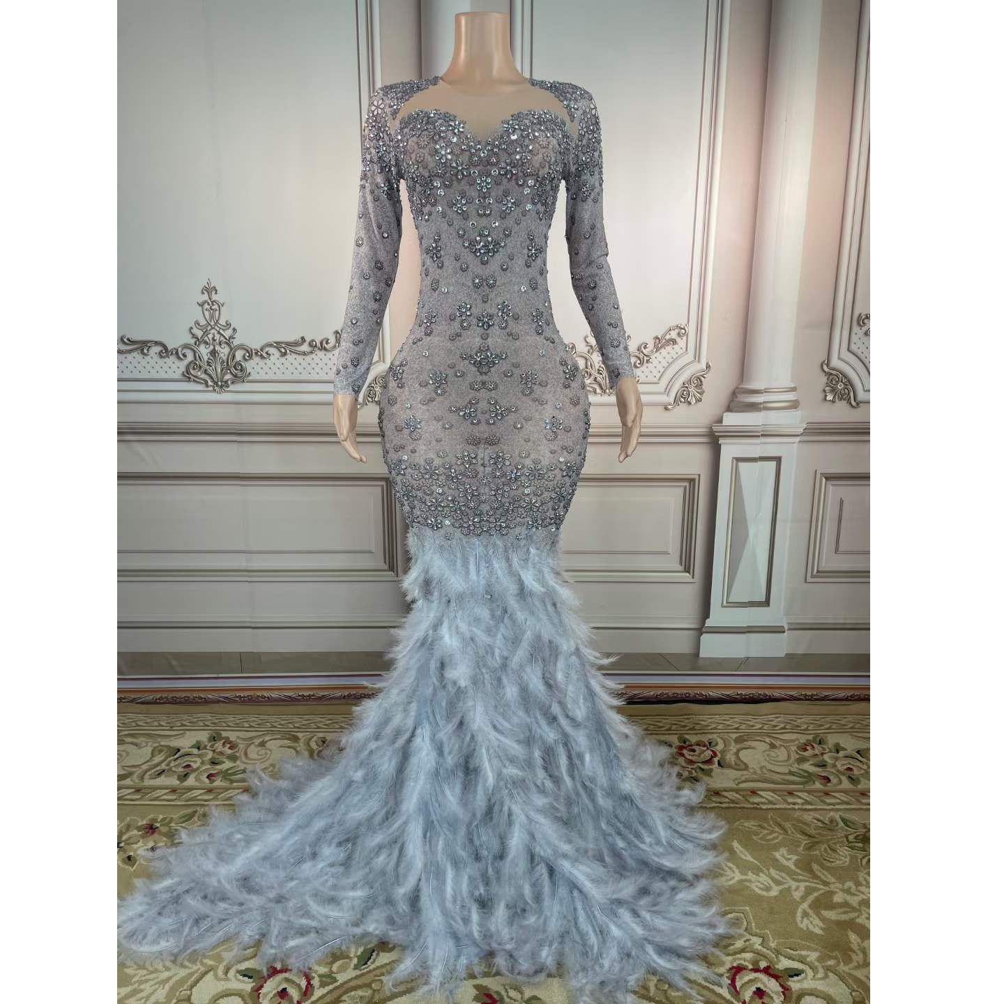 Newest Design Women Summer Elegant Dress Feather Mesh Patchwork Long Sleeve Dress Rhinestone Floor Length Evening Dresses