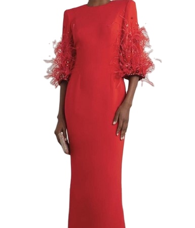 fashion women boucle sequined feather tassel sleeve dress embellished trimmed  back slit women evening dress