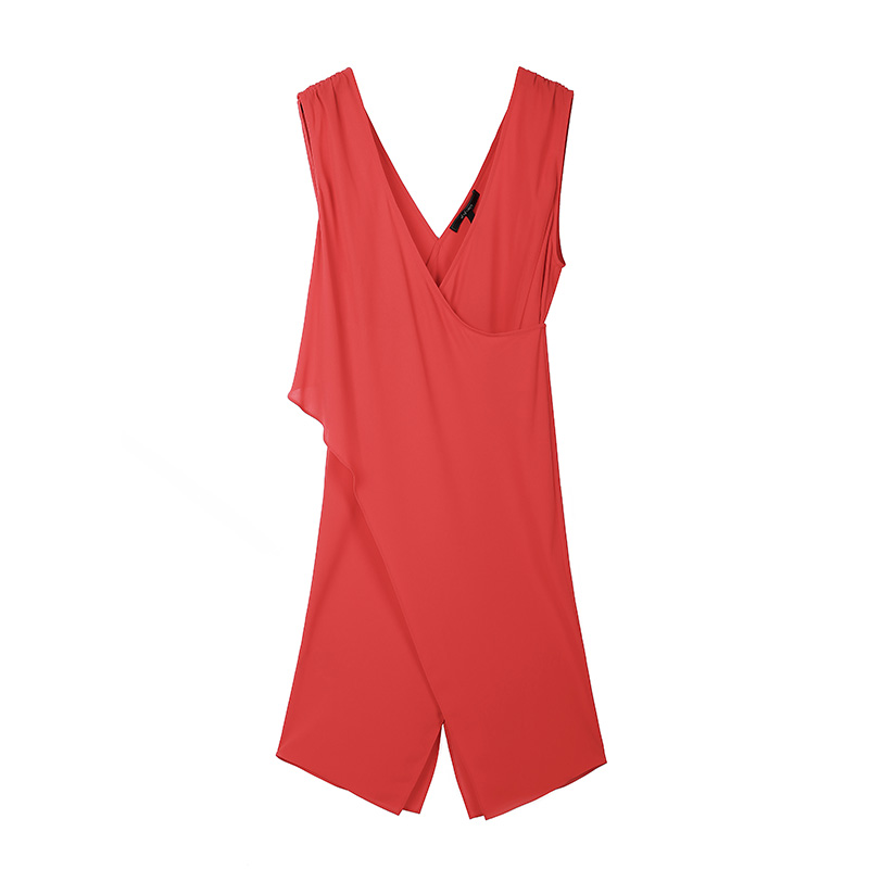 2A52 Women dress Solid V-neck crossover apparel stock ruched shoulder asymmetric hem spring 2023 women's clothing wrap top