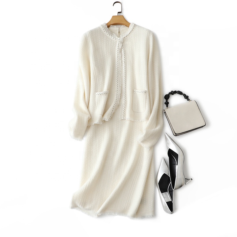 Custom FA Women Cashmere Two Piece Set Knitted Dress Out Coat Vintage