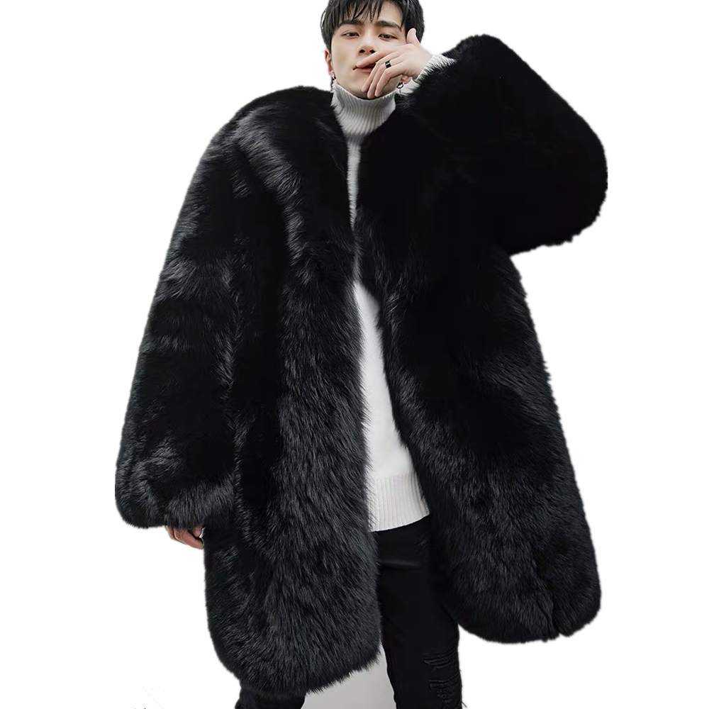 Custom Style Men Winter Coat Long Black Fur Coat Real Fox Fur Coat Men