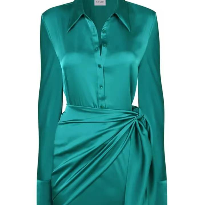Women's satin shirt dress elegant wrap hip pleated dress