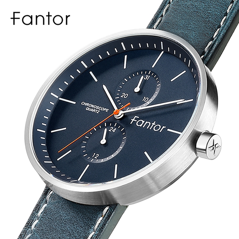 Fantor Brand Classic Men Luxury Chronograph Blue Leather Relogio Masculino Quartz Watch for Men Wrist WF1022G