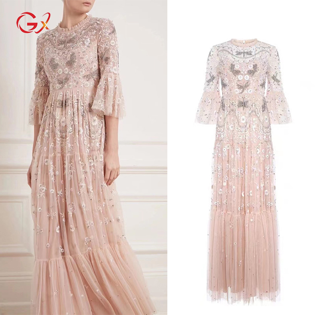 GX01M78 Luxurious Quality Embroidery Diamond Three dimensional Flower Haft Sleeve Elegant Party Long Dress