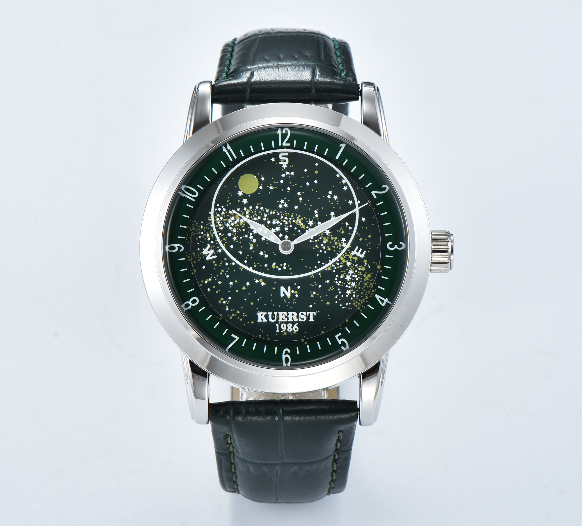 KUERST Fashion Full Automatic All Star Dial Men's Leather Band Waterproof Band Green Watch