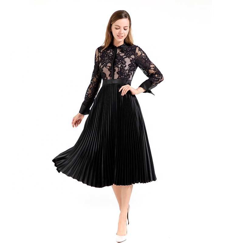 D017 career dresses women lace pleat embroidery flower long dress women elegant