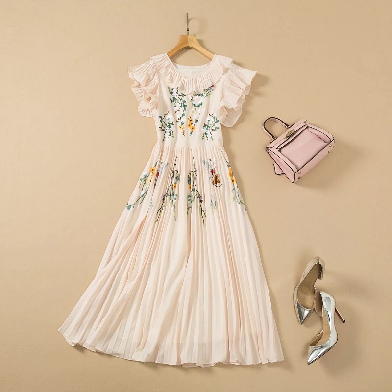 Top Quality New Cotton Dress 2022 Spring Summer Women Luxurious Embroidery Ruffle Flower Mid-Calf Apricot Green Pleated Dress XL