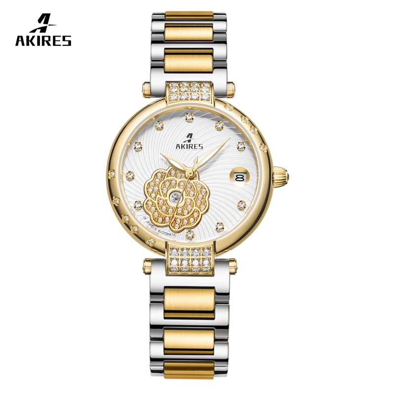 China Factory Newest Trend Design Gold Wrist Watches OEM Custom Luxury Women Lady Mechanical Automatic Skeleton Watch