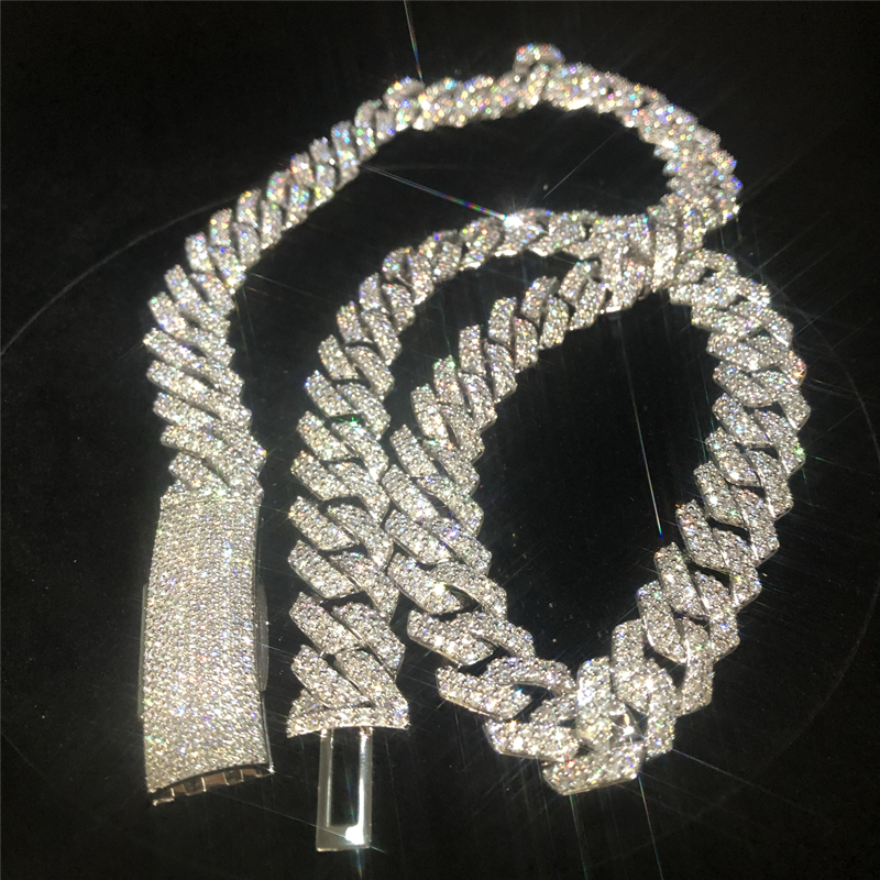 Ice Out Hip Hop 15mm 2 Rows Miami Cuban Link Chain Long Clasp VVS Moissanite Cuban Links Bust Down 925 Silver Cuban Necklace