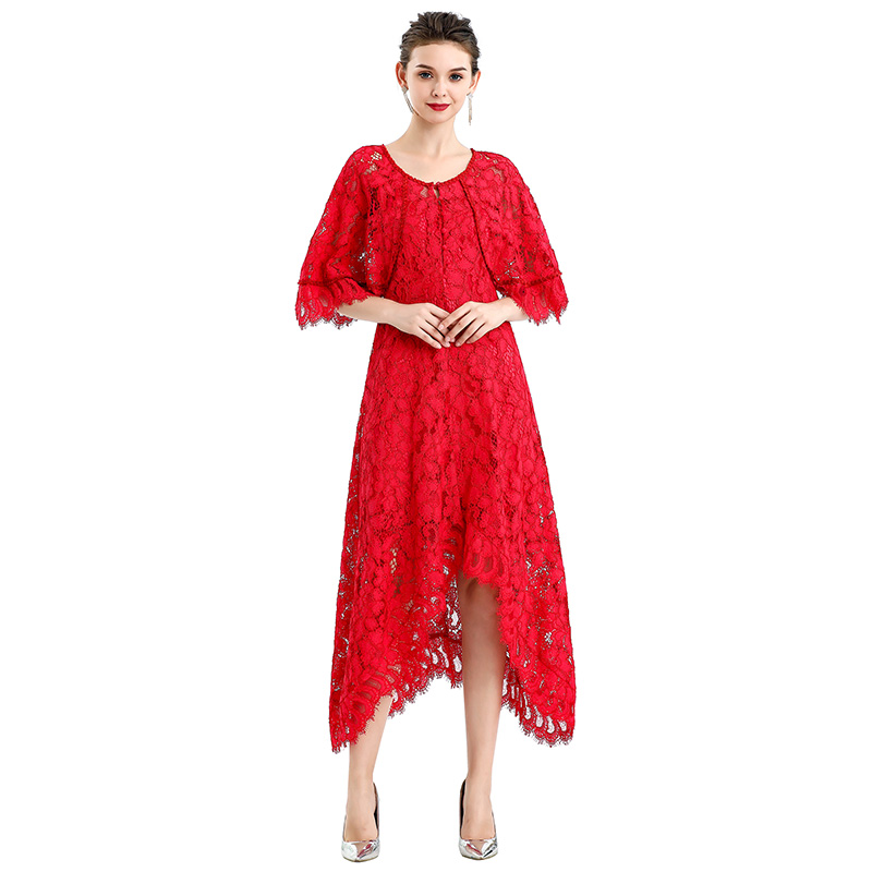 ND078-5  Elegant Asymmetric Embroidered red Lace maxi casual dresses women