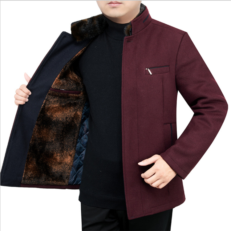 Men's woolen coat fleece-lined thickened stand collar woolen coat