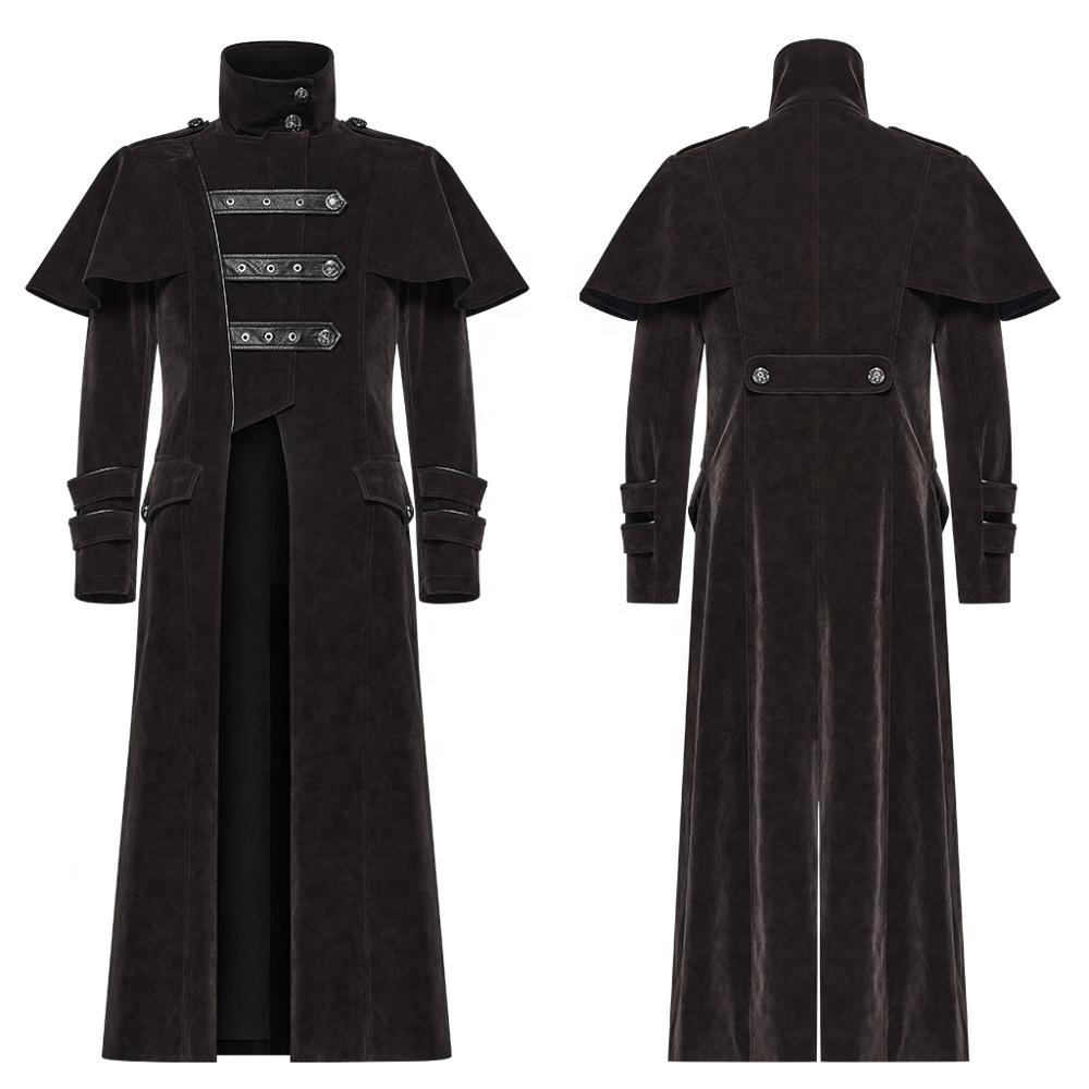 PUNK RAVE WY-1087  Uniform Stand Collar Velvet Long Coat Spliced Leather Button Men Winter Overcoat