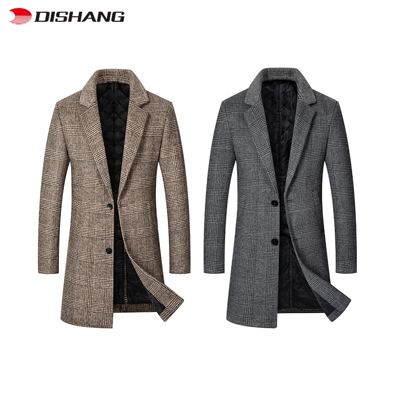 2022 Winter Men's Casual Turn Down Collar Single Breasted Wool Trench Coat Warm Plaid Mid Long Trench Coat